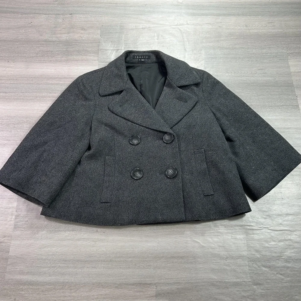 Theory Coat Womens‎ Medium Gray Wool Blend Cropped Tweed Pea Jacket 3/4 Sleeve